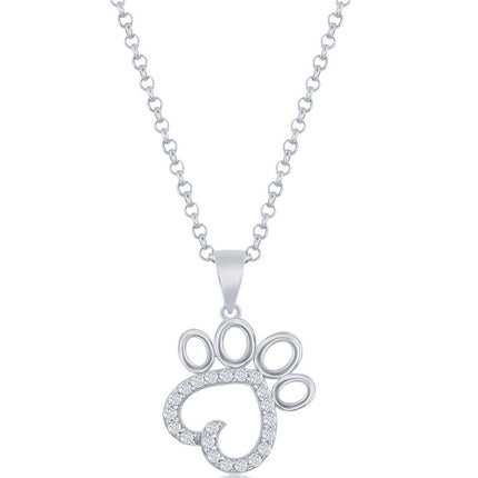 Classic Women's Pendant - Sterling Silver White Cubic Zirconia Paw Print | K-8698 ,