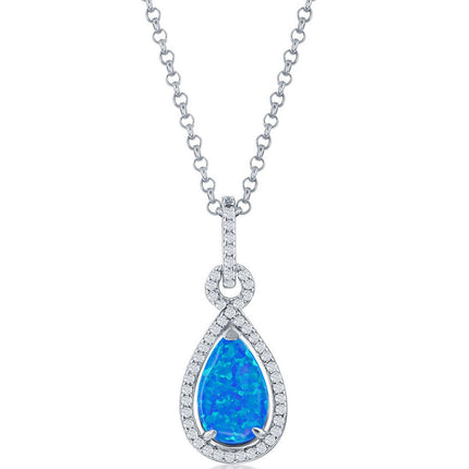 Women's Pendant - Sterling Silver Pearshape Blue Opal with CZ Border | K-8702 ,