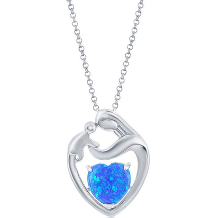Women's Pendant - Sterling Silver Blue Opal Heart Mother and Child | K-8703 ,