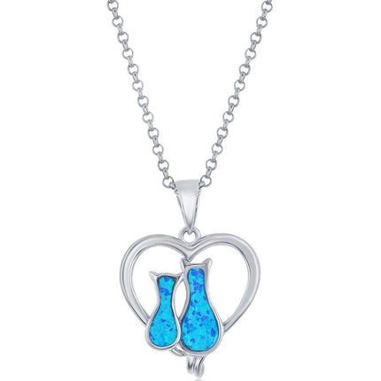 Women's Pendant - Sterling Silver Blue Opal Cats in a Heart Design | K-8707 ,