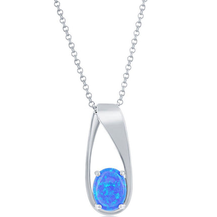 Women's Pendant - Sterling Silver Long Oval Design Blue Opal Stone | K-8711 ,