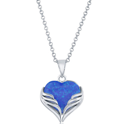 Women's Pendant - Sterling Silver Blue Opal Heart Angel Wings | K-8713 ,