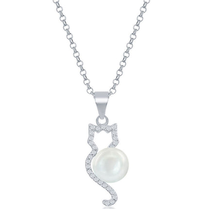 Classic Women's Pendant - Sterling Silver CZ Cat with Round White Pearl | K-8714 ,