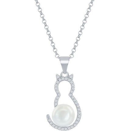 Classic Women's Pendant - Sterling Silver White CZ Cat with Round Pearl | K-8715 ,