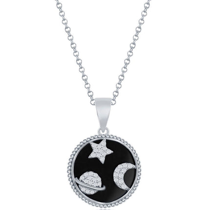 Classic Women's Pendant - Sterling Silver CZ Star, Moon and Saturn and Onyx | K-8716 ,