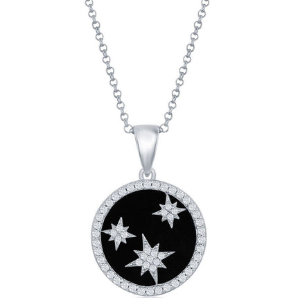 Classic Women's Pendant - Sterling Silver CZ North Stars and Round Onyx | K-8717 ,