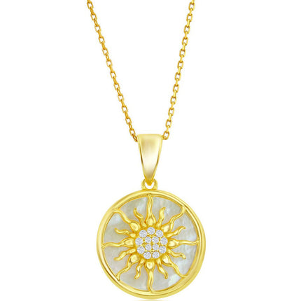 Classic Women's Pendant - Sterling Silver Gold CZ Sun Design Round MOP | K-8719 ,