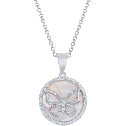 Classic Women's Pendant - Sterling Silver White CZ Butterfly Round Pink MOP | K-8720 ,