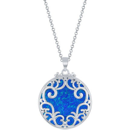 Women's Pendant - Sterling Silver Round Filigree Design Blue Opal | K-8725 ,
