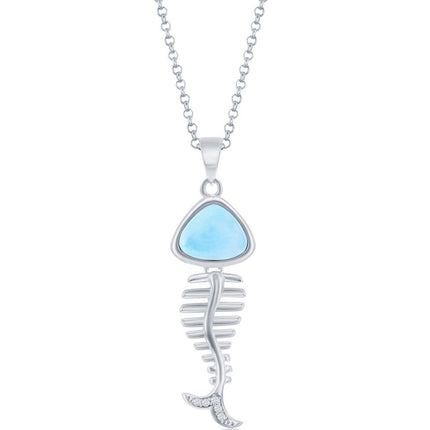 Women's Pendant - Silver Larimar and CZ Fish Skeleton | K-8727 ,