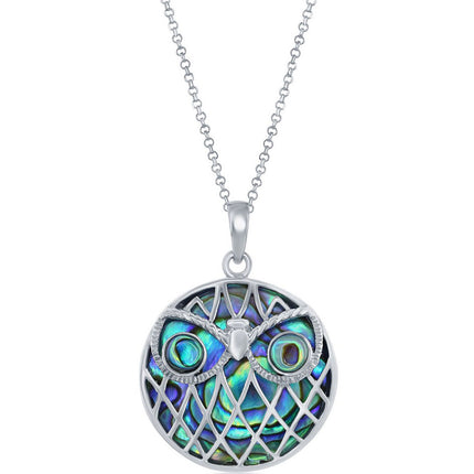 Classic Women's Pendant with Chain - Sterling Silver Abalone Round Owl | K-8734 ,