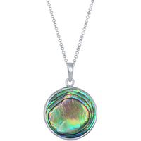 Classic Women's Pendant with Chain - Sterling Silver Abalone Round Owl | K-8734 ,