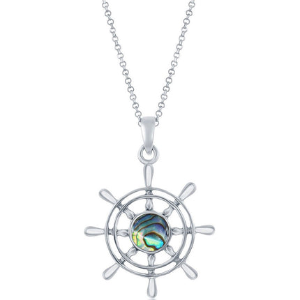 Classic Women's Pendant - Sterling Silver Rhodium Plated Abalone Ship Wheel | K-8750 ,