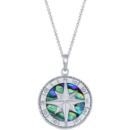 Classic Women's Pendant - Sterling Silver Rhodium Plated Abalone Compass | K-8766 ,