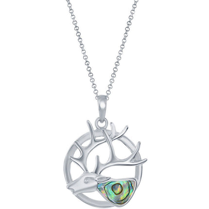 Classic Women's Pendant - Sterling Silver Round Abalone Reindeer Design | K-8774 ,