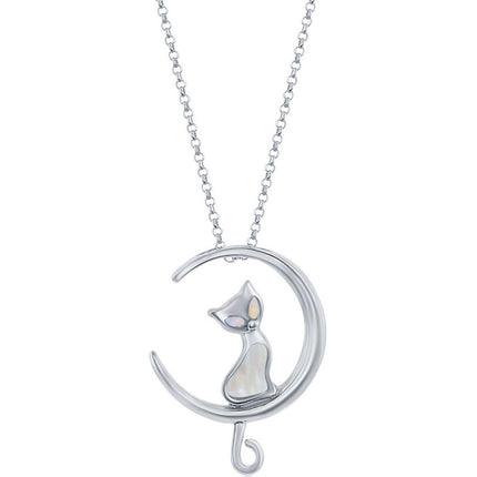 Classic Women's Pendant - Sterling Silver White Mother of Pearl Cat on Moon | K-8791 ,