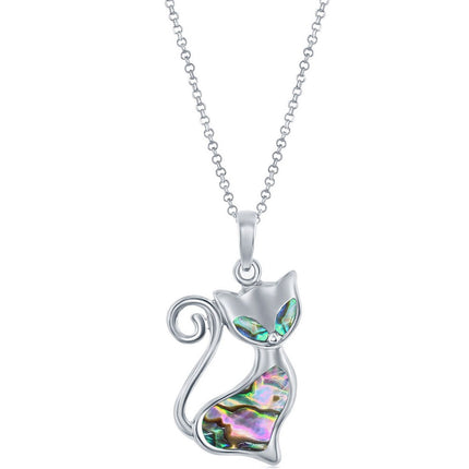 Classic Women's Pendant - Sterling Silver Rhodium Plated Abalone Cat Print | K-8794 ,