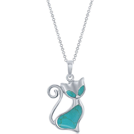 Classic Women's Pendant - Sterling Silver Turquoise Natural Stone Cat Print | K-8796 ,
