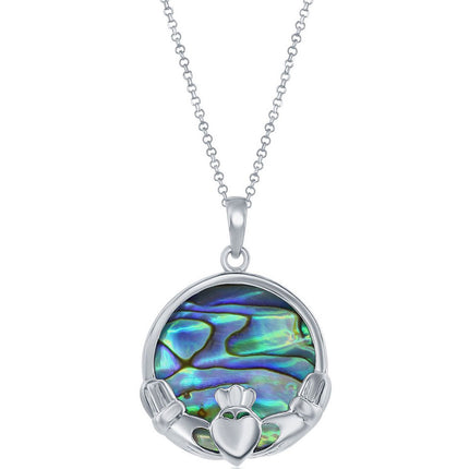 Classic Women's Pendant - Sterling Silver Abalone Round Claddagh Design | K-8810 ,