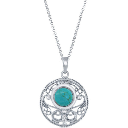 Classic Women's Pendant - Sterling Silver Filigree Designed Round Turquoise | K-8833 ,
