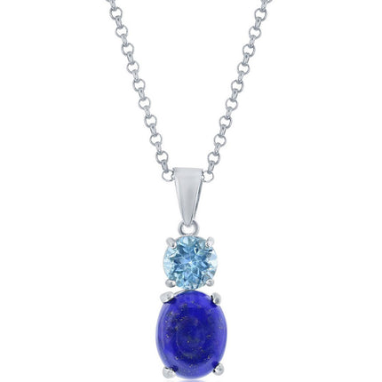 Classic Women's Pendant - Sterling Silver Oval Lapis and Round Blue Topaz| K-8851 ,