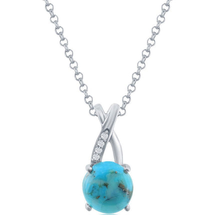 Classic Women's Pendant - Sterling Silver Round Turquoise with White Topaz | K-8861 ,