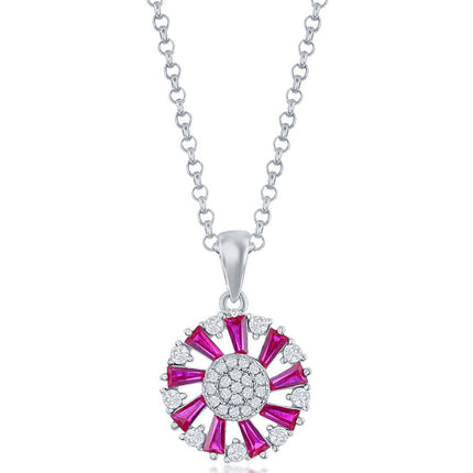Classic Women's Pendant - Sterling Silver Baguette Ruby CZ Circle Design | K-8864 ,