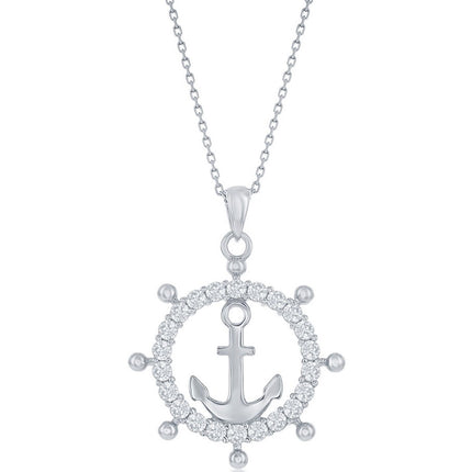 Classic Women's Pendant - Sterling Silver White CZ Anchor Ship Wheel Design | K-8869 ,