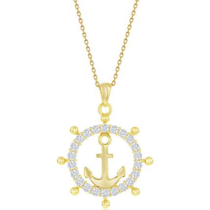 Classic Women's Pendant - Sterling Silver Gold CZ Anchor Ship Wheel | K-8869-GP ,