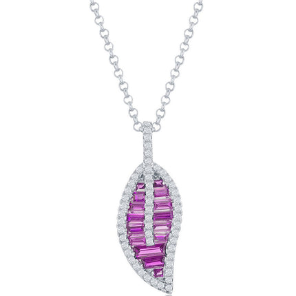 Classic Women's Pendant - Silver Round and Baguette Light Ruby CZ Leaf | K-8872 ,