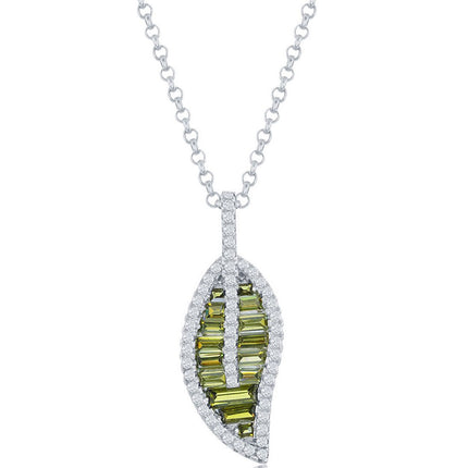 Classic Women's Pendant - Silver Round and Baguette Peridot CZ Leaf Design | K-8873 ,