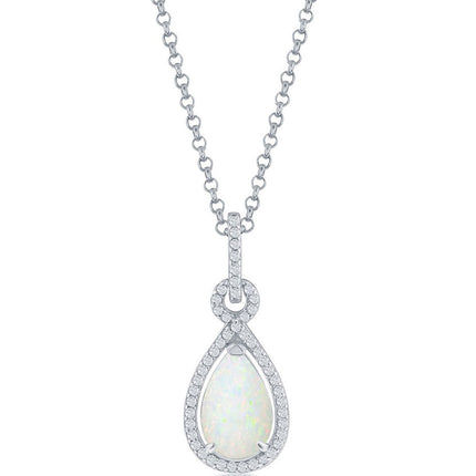 Women's Pendant - Sterling Silver White Opal Pearshaped CZ Border | K-8875 ,