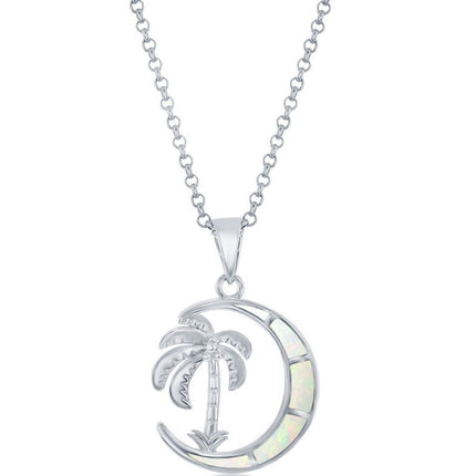 Women's Pendant - Silver Palm Tree White Opal Crescent Moon Design | K-8876 ,