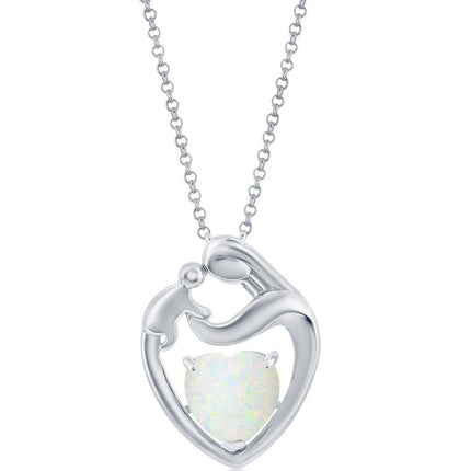 Women's Pendant - Sterling Silver White Opal Heart Mother and Child | K-8877 ,
