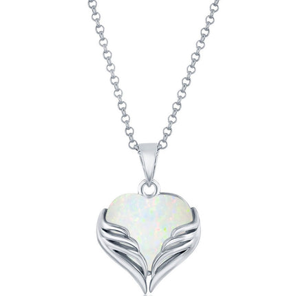 Women's Pendant - Sterling Silver White Opal Heart Angel Wings | K-8878 ,