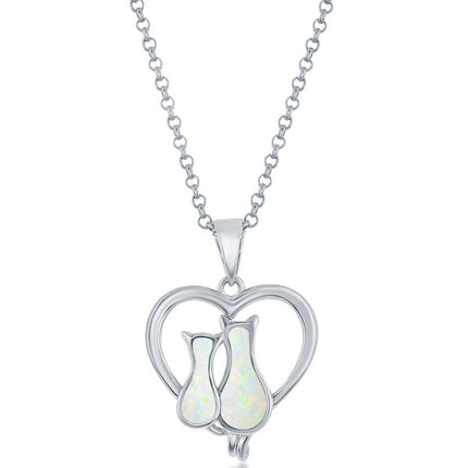 Women's Pendant - Sterling Silver White Opal Cats in a Heart Design | K-8879 ,