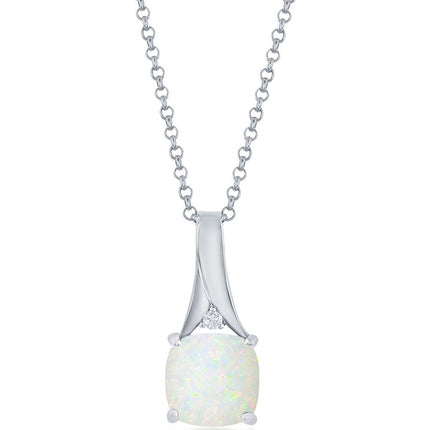 Women's Pendant - Sterling Silver Square White Opal and Round CZ Top | K-8882 ,