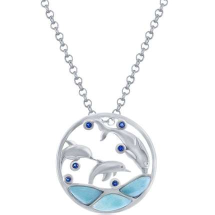 Women's Pendant - Silver Larimar and CZ Diving Dolphins | K-8894 ,