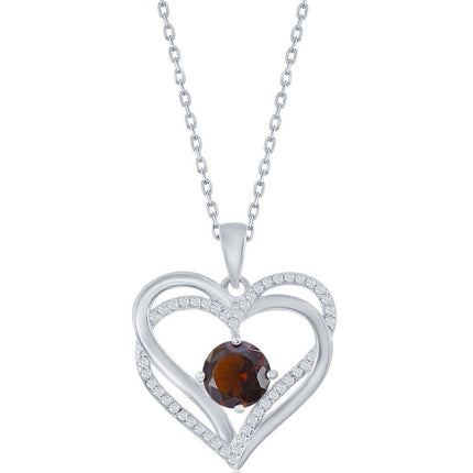 Classic Women's Pendant - Sterling Silver Double Heart Garnet CZ Birthstone | K-8917 ,