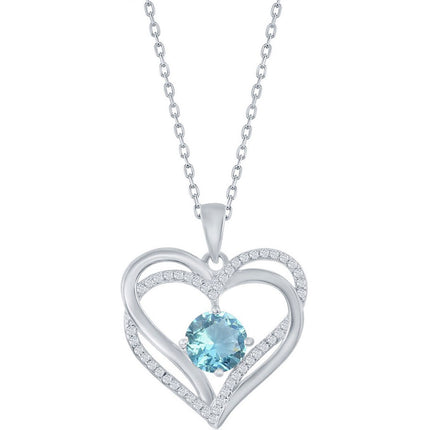 Classic Women's Pendant - Sterling Silver Double Heart Aqua CZ Birthstone | K-8919 ,