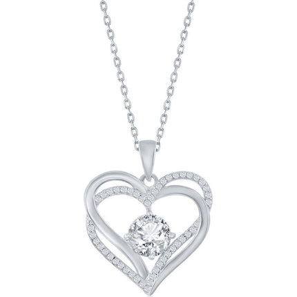 Classic Women's Pendant - Sterling Silver Double Heart White CZ Birthstone | K-8920 ,