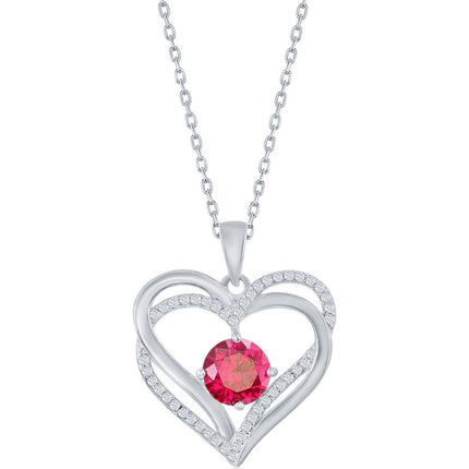 Classic Women's Pendant - Sterling Silver Double Heart Ruby CZ Birthstone | K-8923 ,