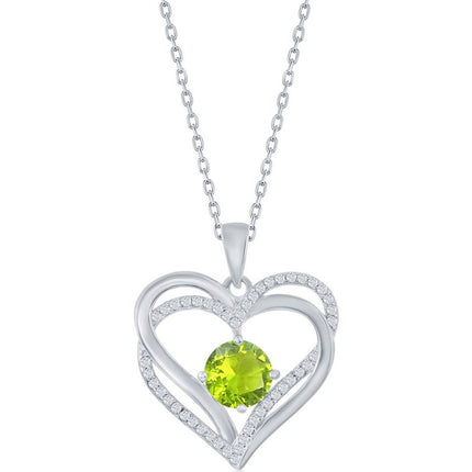 Classic Women's Pendant - Sterling Silver Double Heart Peridot CZ Birthstone| K-8924 ,