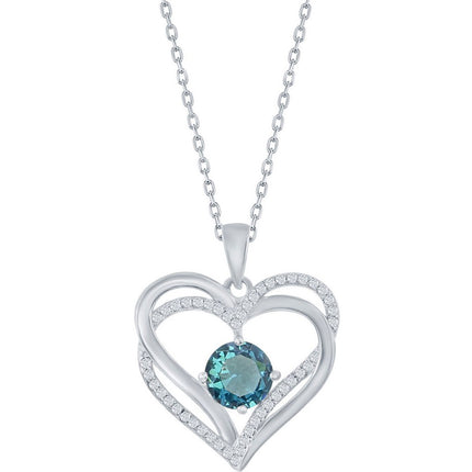 Classic Women's Pendant - Sterling Silver Double Heart Blue CZ Birthstone| K-8928 ,