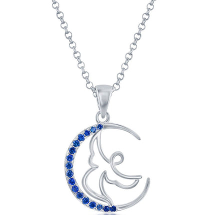 Classic Women's Pendant - Sterling Silver Sapphire CZ Angel Crescent Moon | K-8929 ,
