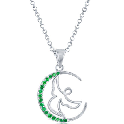 Classic Women's Pendant - Sterling Silver Emerald CZ Angel Crescent Moon | K-8931 ,
