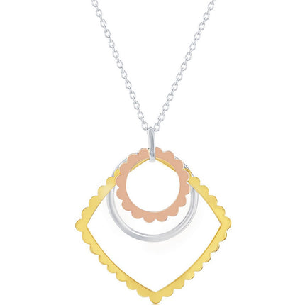 Classic Women's Necklace - Sterling Silver Tri Color Open Square and Circle | L-3601 ,