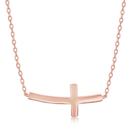 Classic Women's Necklace - Sterling Silver Rose Gold Curved Sideways Cross | L-3617 ,