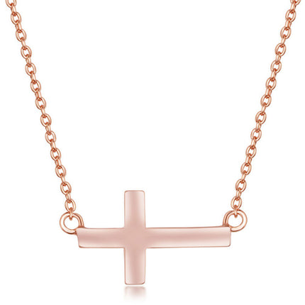 Classic Women's Necklace - Sterling Silver Rose Gold Small Sideways Cross | L-3636 ,