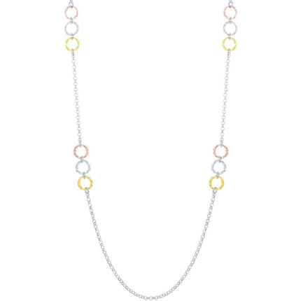 Classic Women's Necklace - Sterling Silver Tri Color Diamond Cut Rings | L-3657 ,